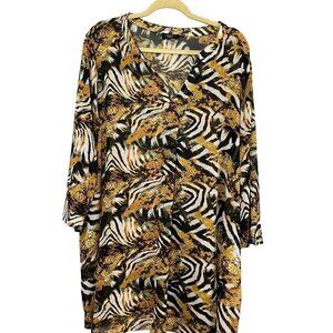 Cocomo Top Women 2X Yellow Pullover Animal Print Sheer Tunic Safari Beach Twee